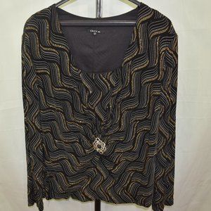 Onyx Nite Size 2X Black Top Blouse Metallic Gold Thread Rhinestone
